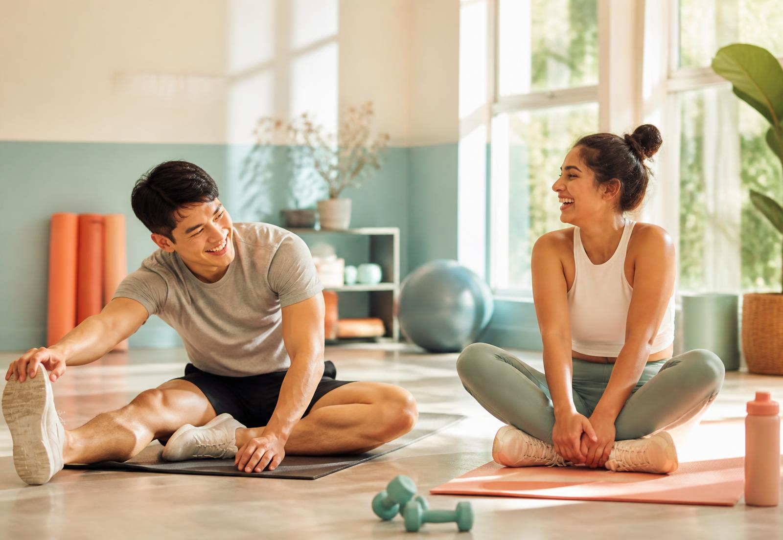 Two people sitting on mats in a bright studio, stretching and chatting
